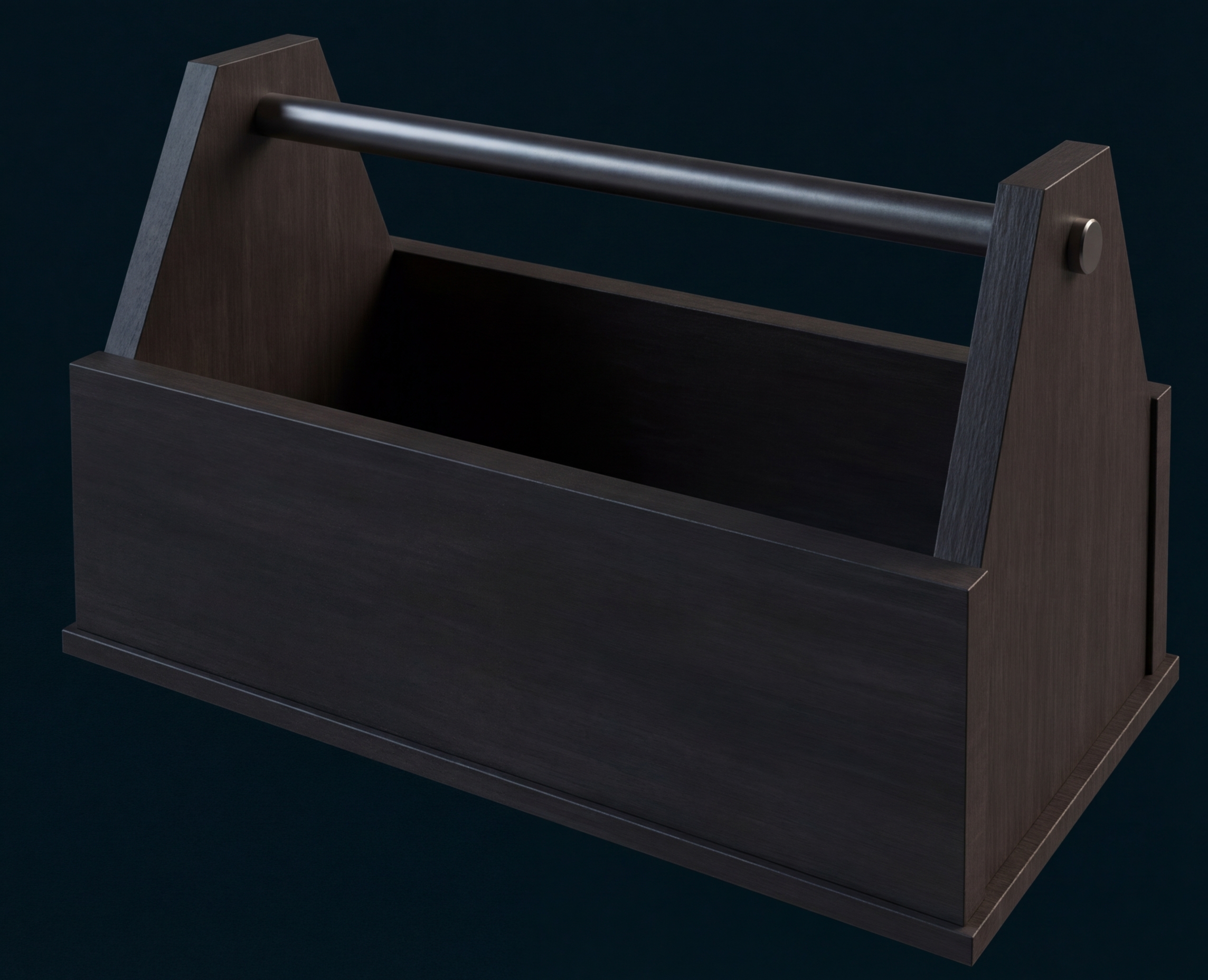 Skizzenhafte Darstellung eines offenen Holzwerkzeugkastens mit Griff.