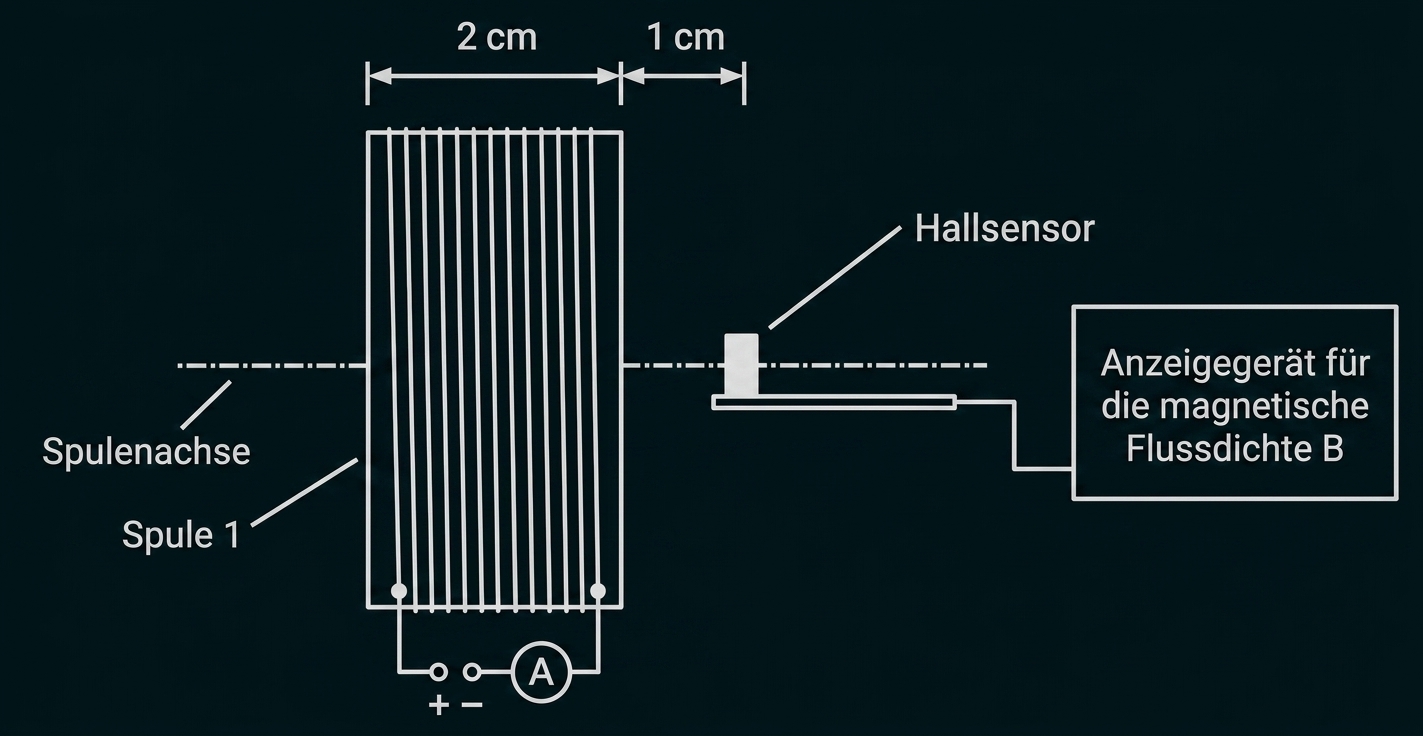 Schematische Zeichnung einer Spule mit Hallsensor und Anzeigegerät für magnetische Flussdichte.