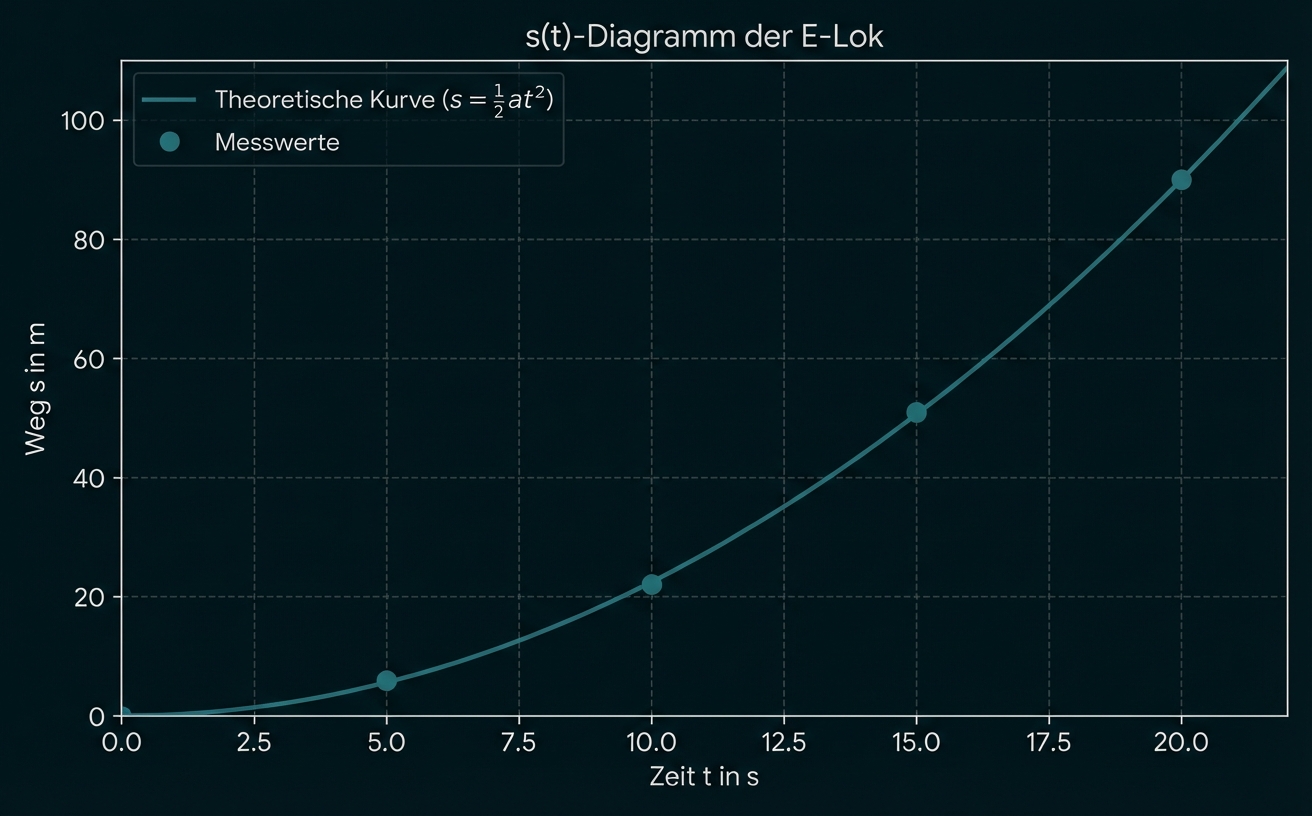 Diagramm: s(t)-Kurve einer E-Lok mit theoretischer Parabel und Messpunkten, Weg (m) gegen Zeit (s).
