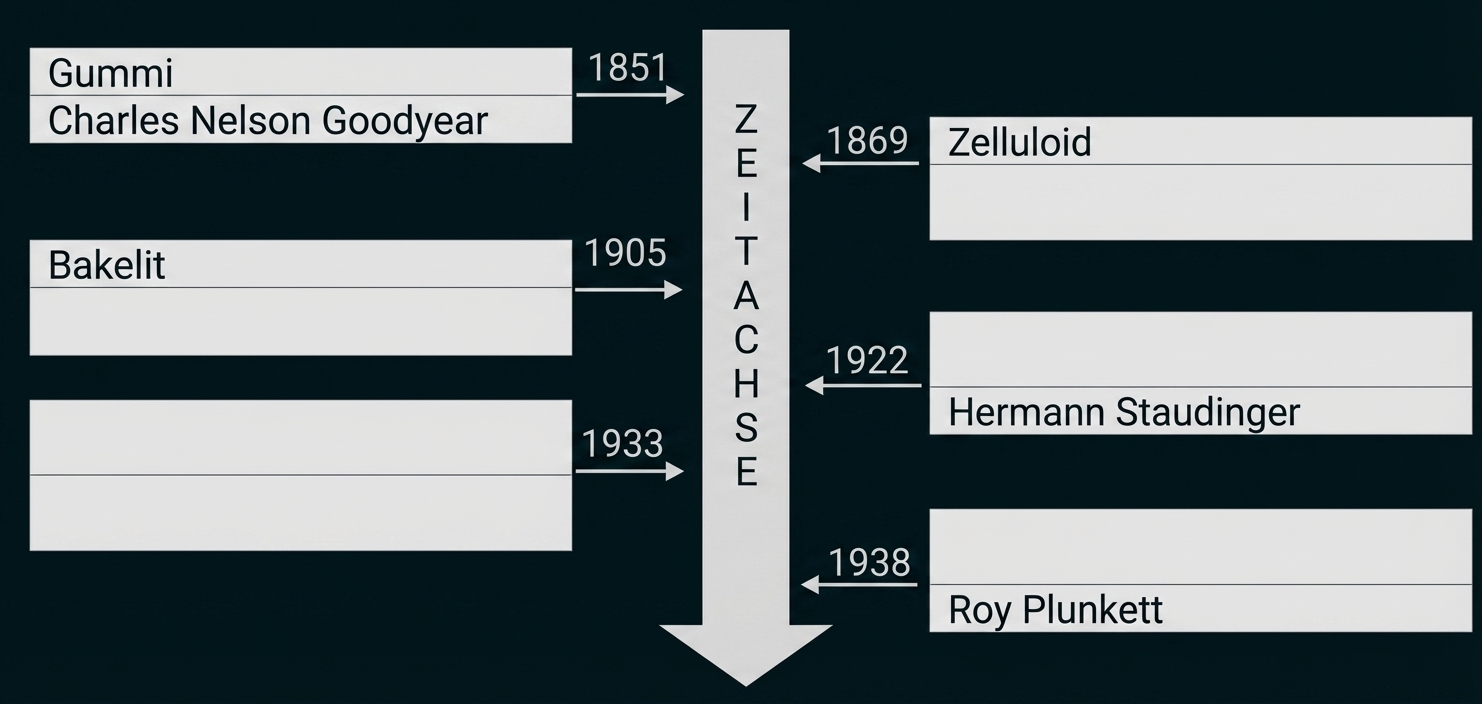 Vertikale Zeitachse mit Jahreszahlen und Kästchen: Gummi/Goodyear 1851, Zelluloid 1869, Bakelit 1905, Staudinger 1922, Plunkett 1938.