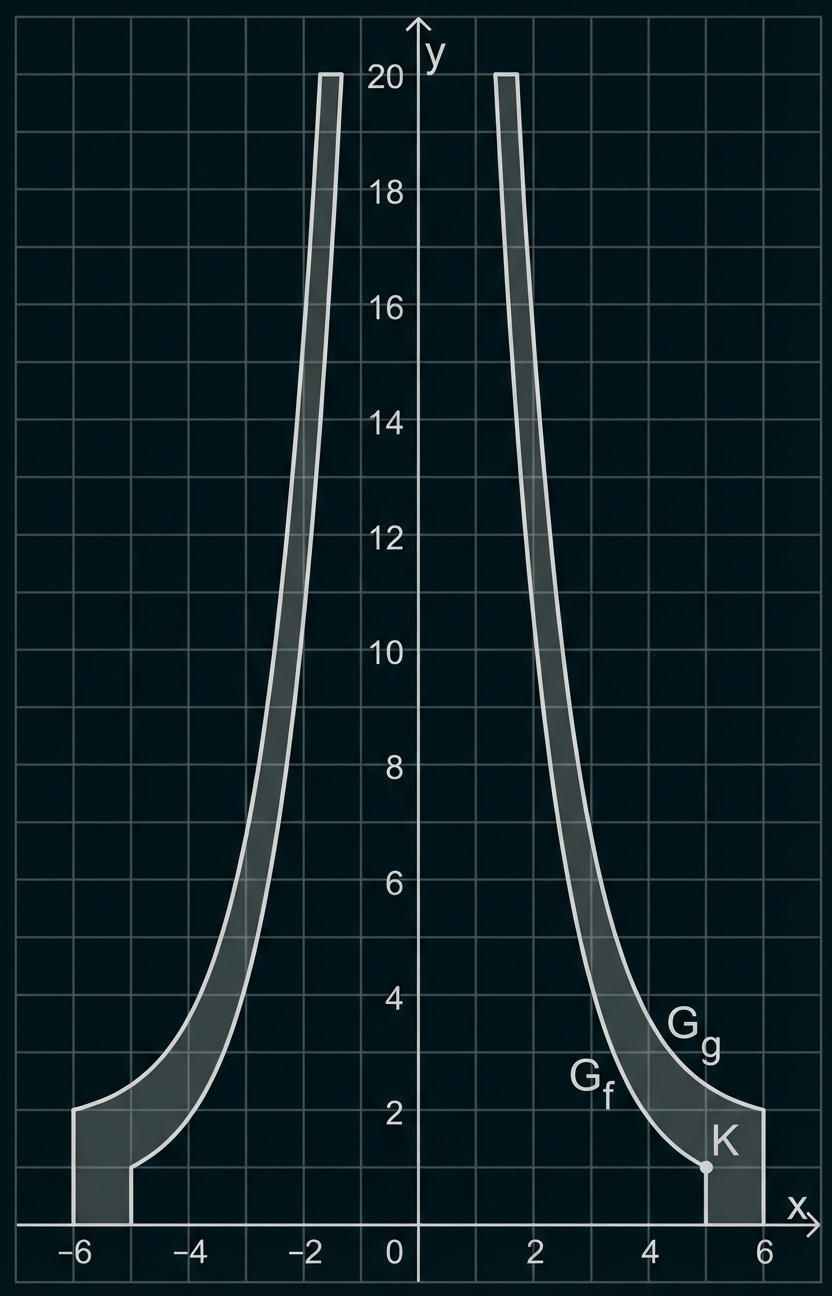 Koordinatensystem mit zwei schattierten, symmetrischen Kurvenbereichen; rechts die Punkte G_f, G_g und K.