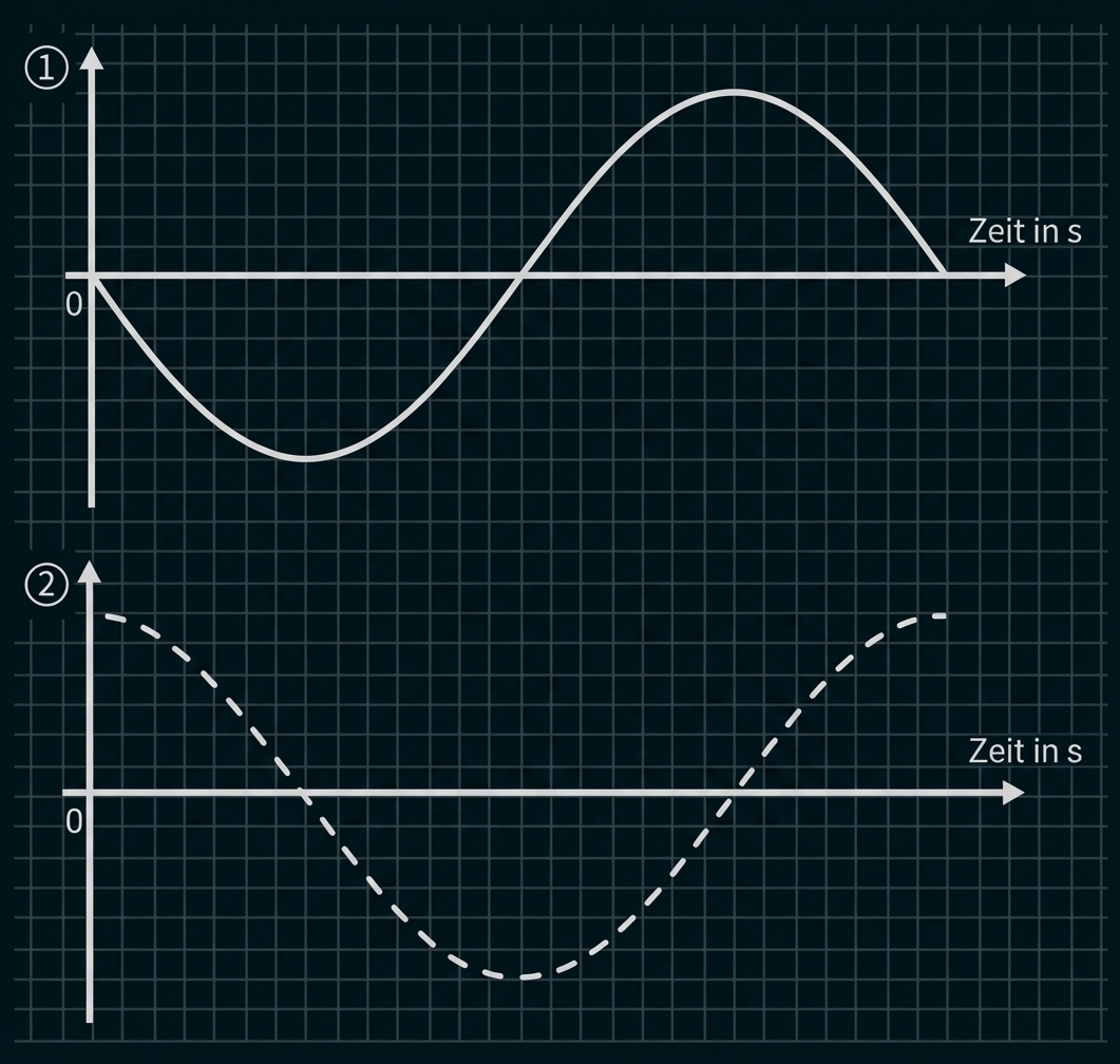 Zwei Diagramme auf Millimeterpapier: oben durchgezogene Sinuskurve, unten gestrichelte phasenverschobene Sinuskurve; x-Achse "Zeit in s".