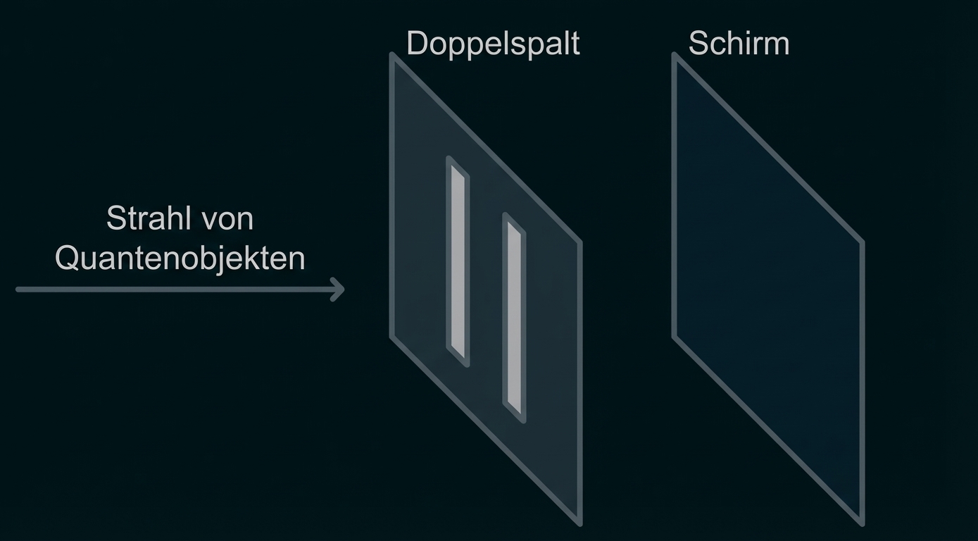 Doppelspaltversuch: Strahl von Quantenobjekten trifft auf Doppelspalt, dahinter Schirm.
