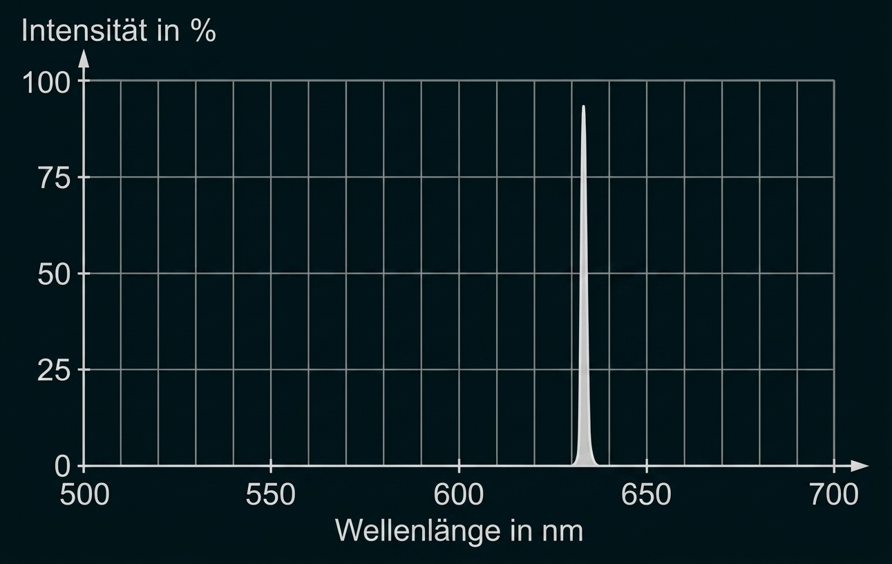 Diagramm: Intensität (%) gegen Wellenlänge (nm), sehr schmaler hoher Peak bei etwa 650 nm.