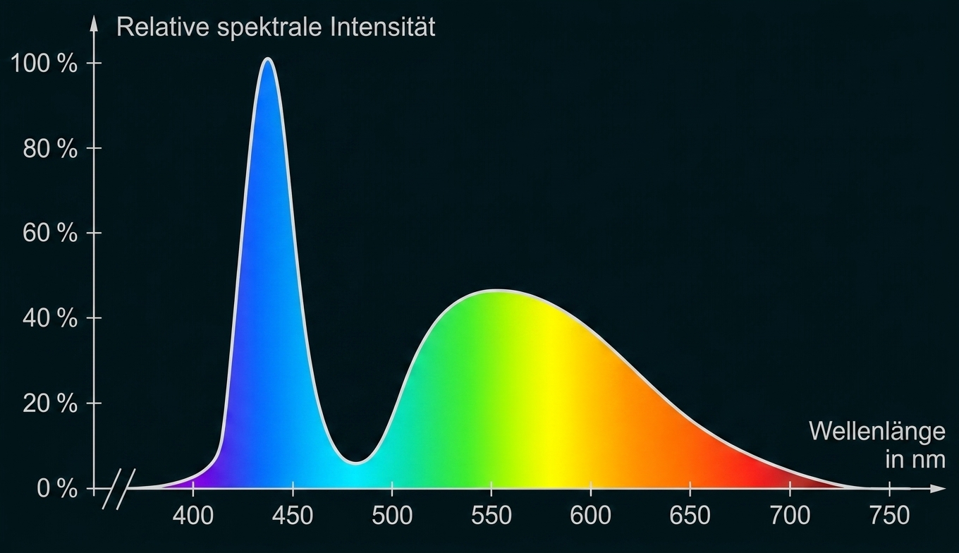 Diagramm: relative spektrale Intensität nach Wellenlänge, scharfe blaue Spitze um 450 nm und breitere grün-gelbe bis rote Kurve.
