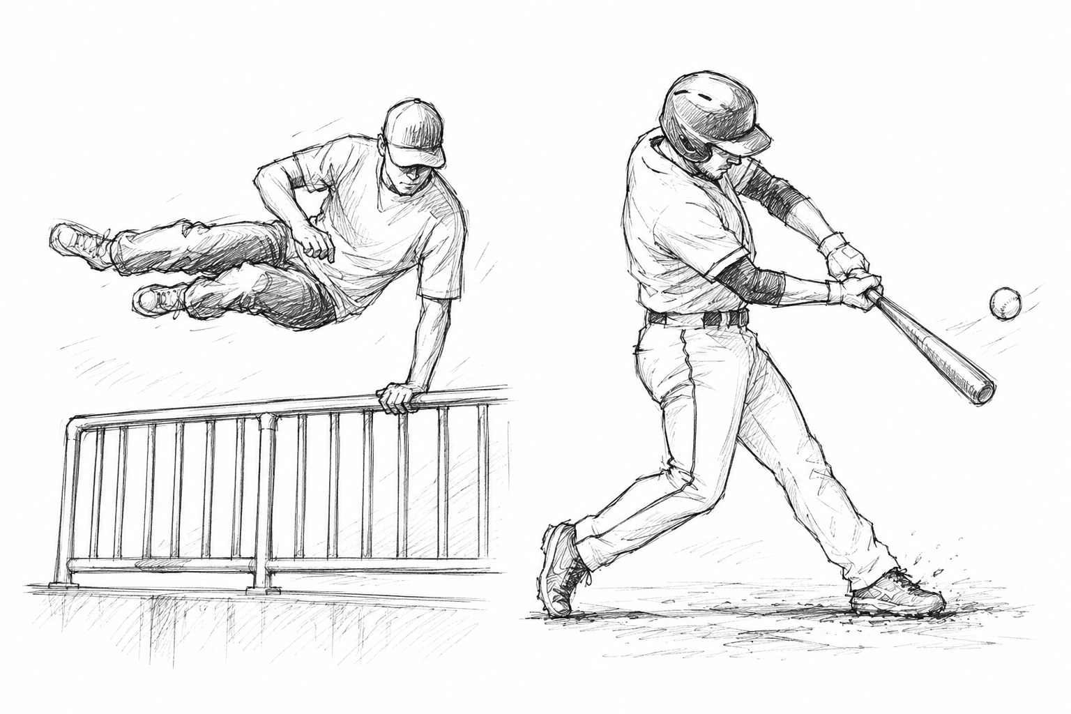 Skizze: links Sportler springt über Geländer, rechts Baseballspieler schlägt Ball