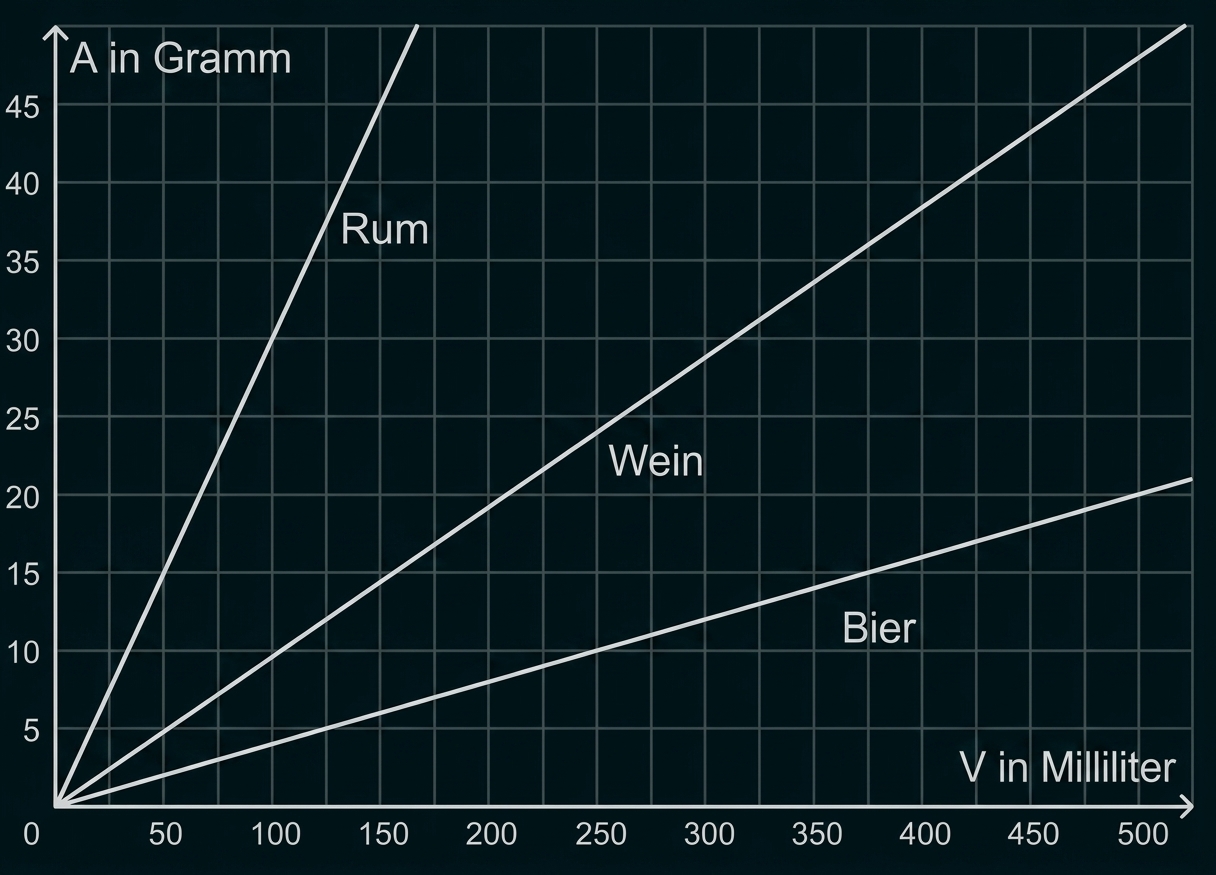Diagramm: Masse in Gramm gegen Volumen in Milliliter mit drei Linien für Rum, Wein und Bier.