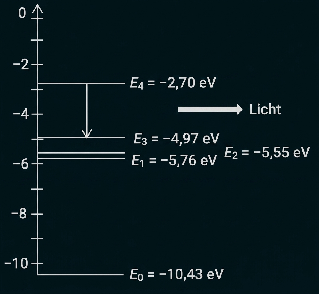 Energielevel-Diagramm mit E0 bis E4 (eV), Pfeil „Licht“ rechts und Übergangspfeil von E4 nach E3.