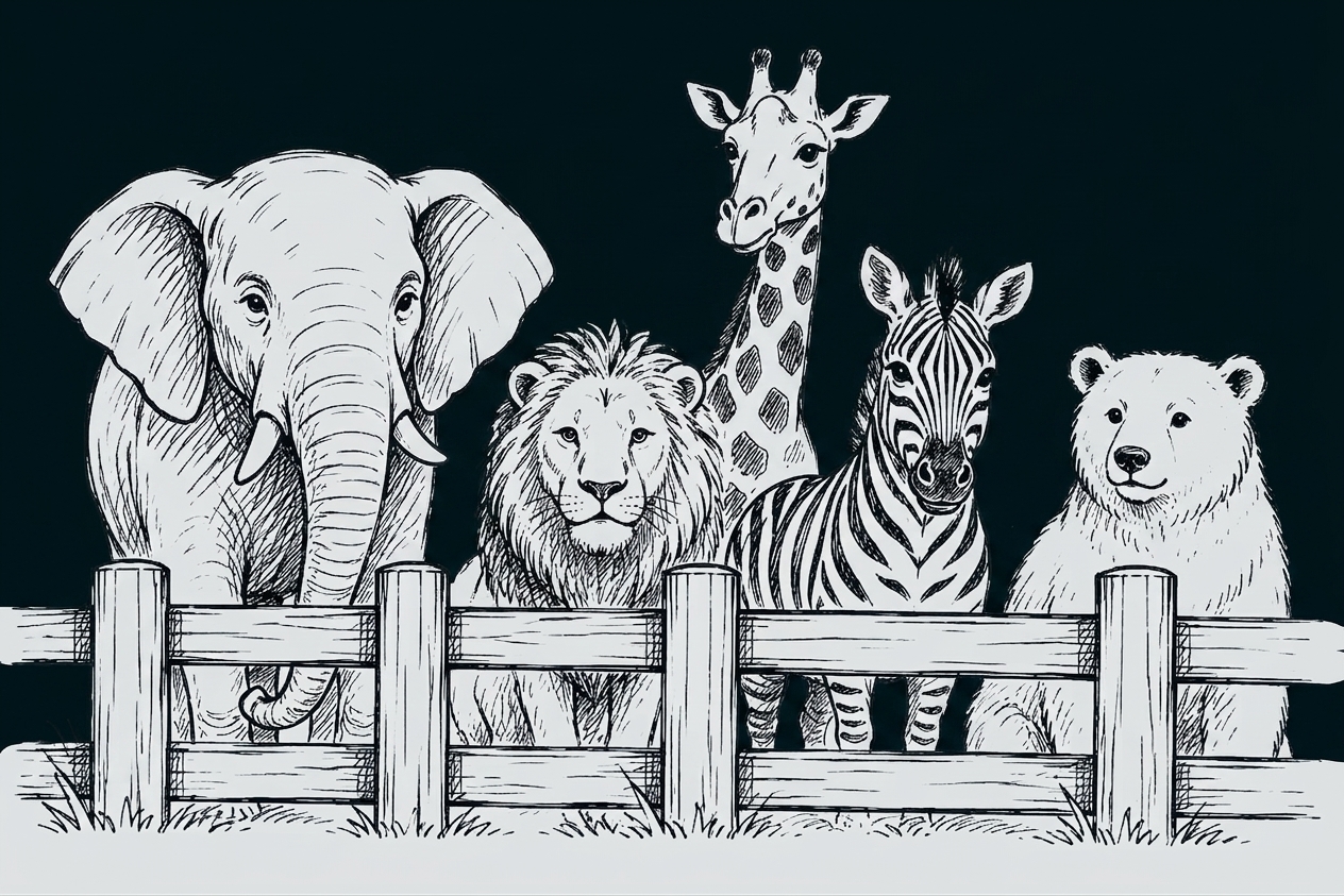 Schwarz-weiß Zeichnung von fünf Tieren (Elefant, Löwe, Giraffe, Zebra, Bär) hinter einem Holzzaun