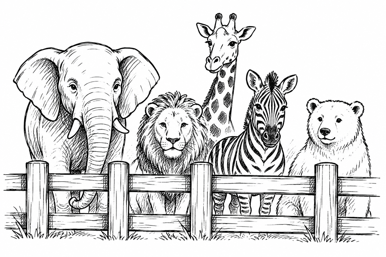 Schwarz-weiß Zeichnung von fünf Tieren (Elefant, Löwe, Giraffe, Zebra, Bär) hinter einem Holzzaun