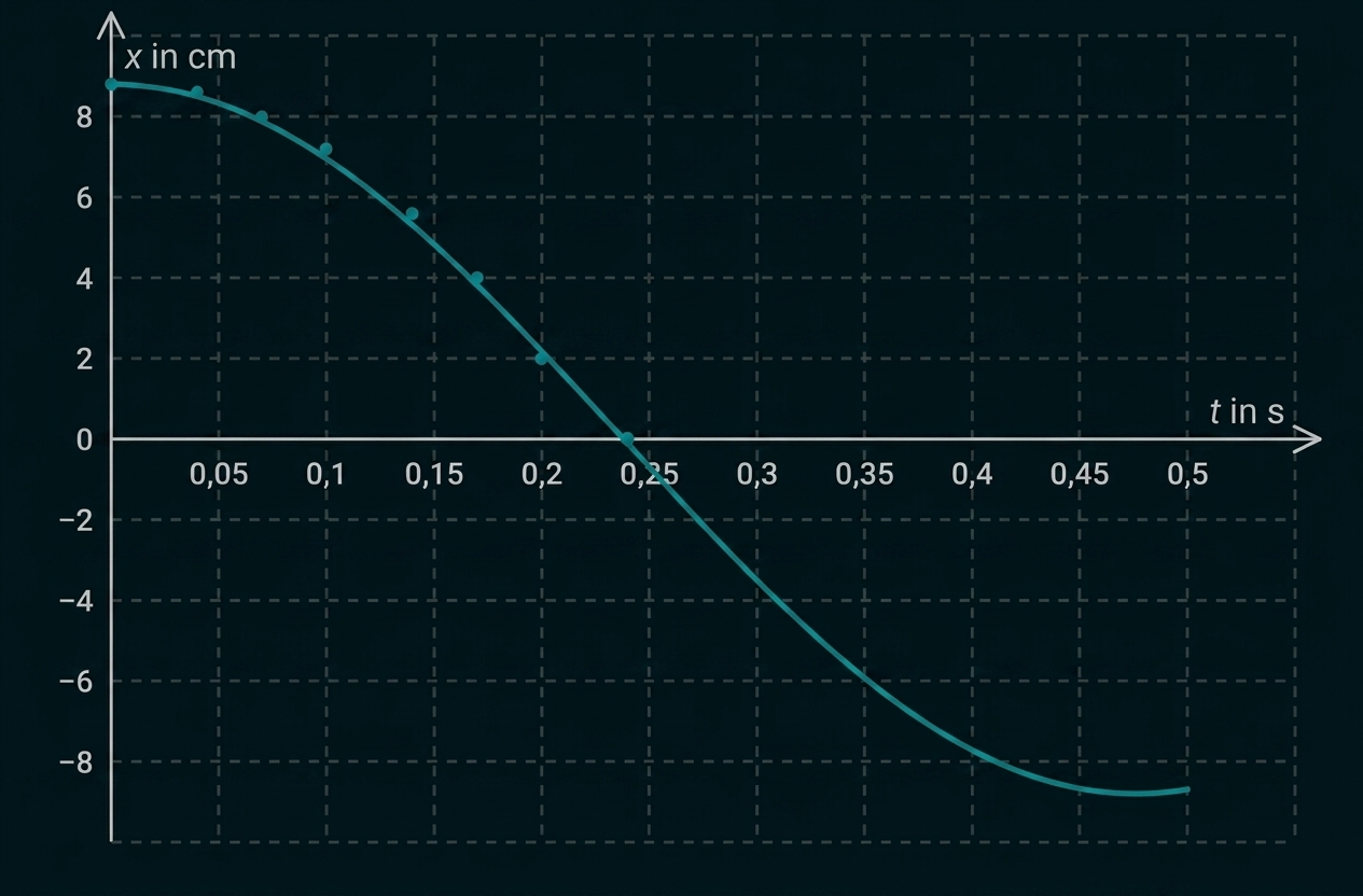 Diagramm eines fallenden Graphen mit x in cm über t in s.