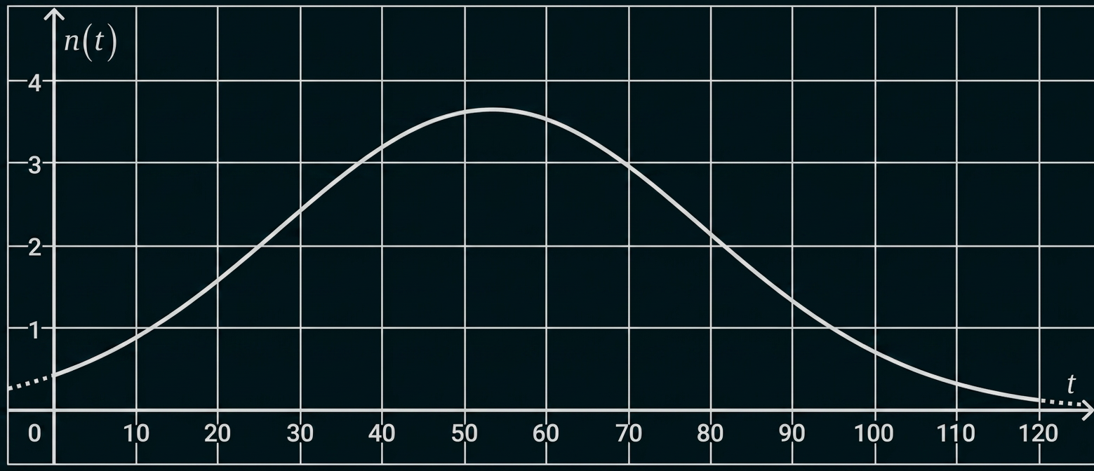 Graph einer Funktion n(t) mit glockenförmigem Verlauf und einem Maximum bei etwa t=55.