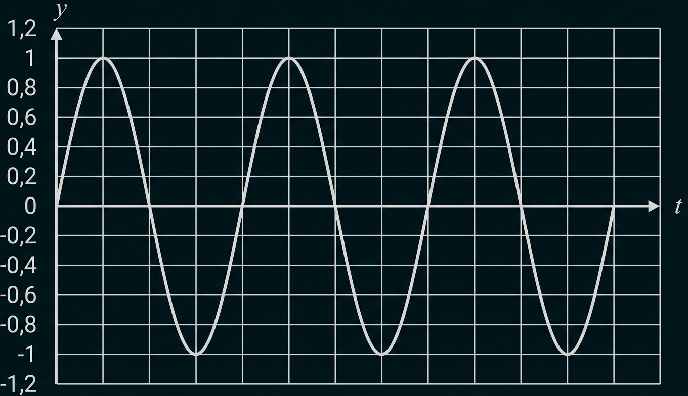 Sinuskurve im Gitternetz: mehrere Perioden in einem Koordinatensystem, Achsen beschriftet mit y und t.