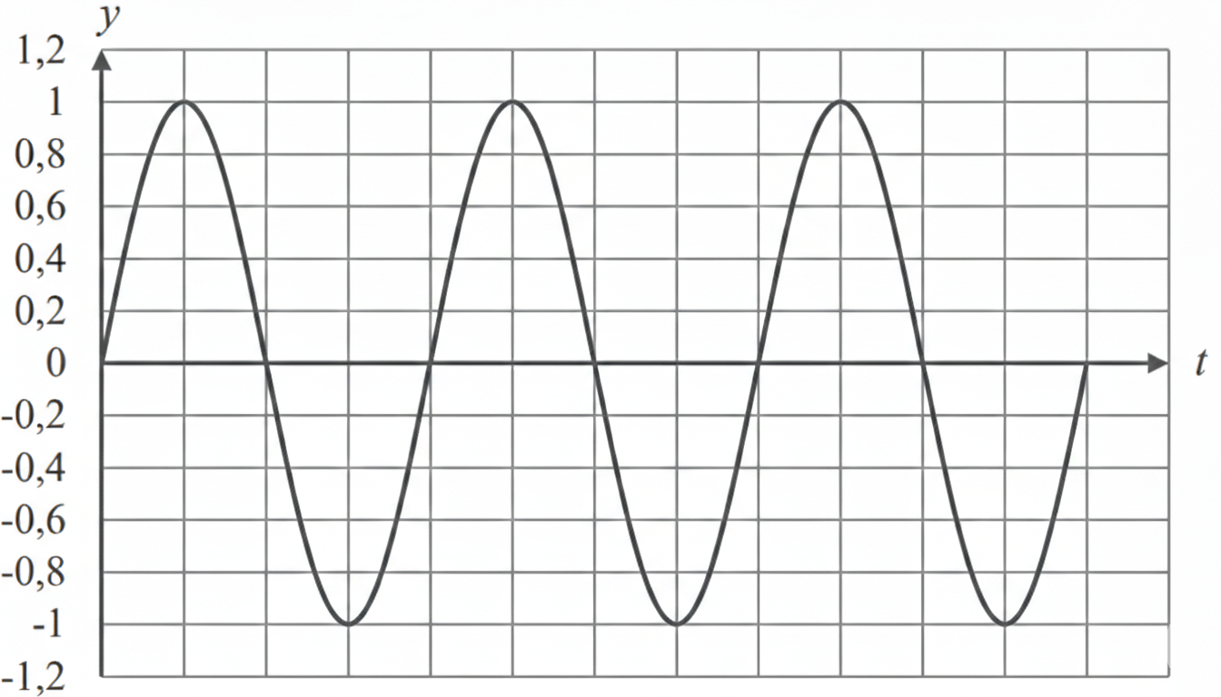 Sinuskurve im Gitternetz: mehrere Perioden in einem Koordinatensystem, Achsen beschriftet mit y und t.