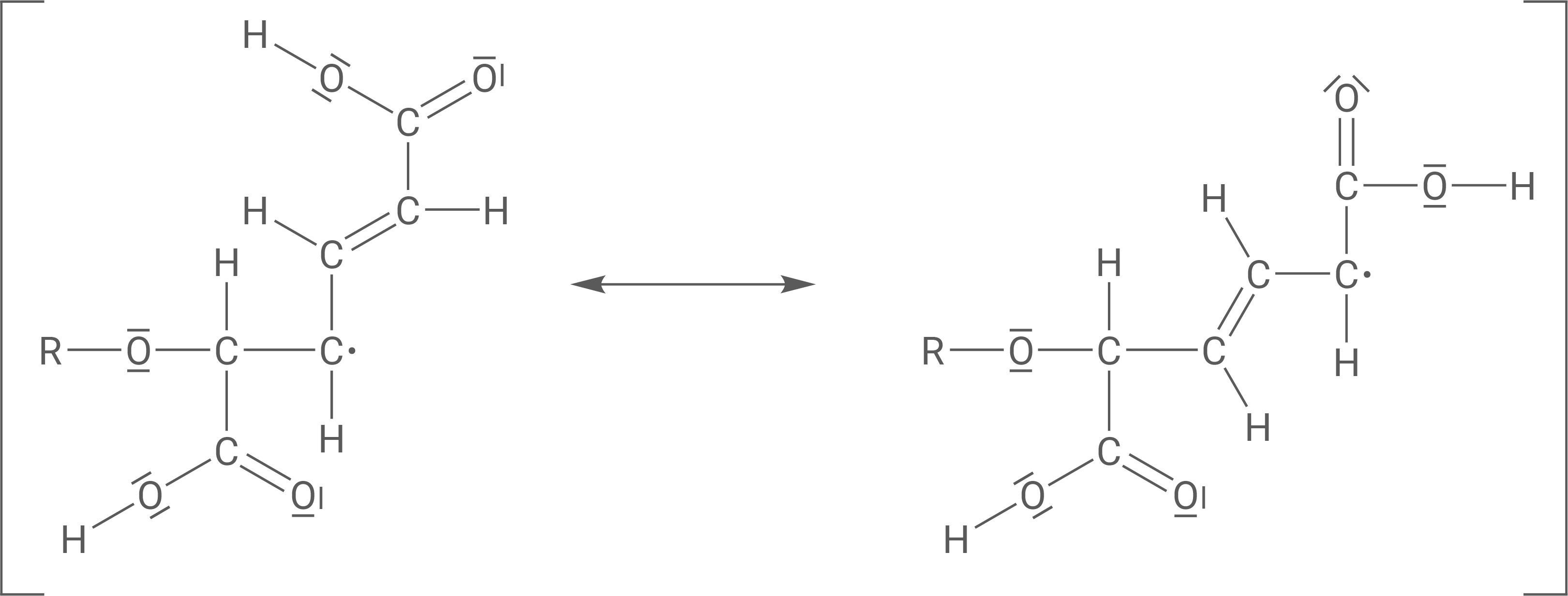 Resonanzdarstellung zweier organischer Radikalstrukturen mit Carbonyl- und Alkoxygruppen.