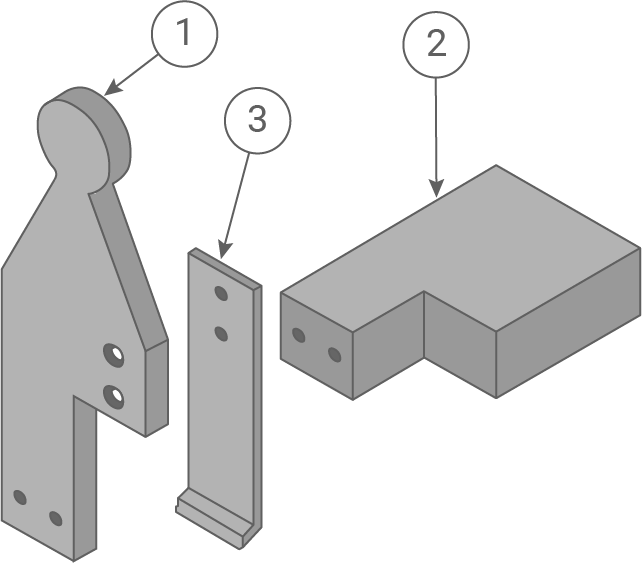 Drei isometrische graue Bauteile mit Pfeilen und Zahlen 1, 2, 3