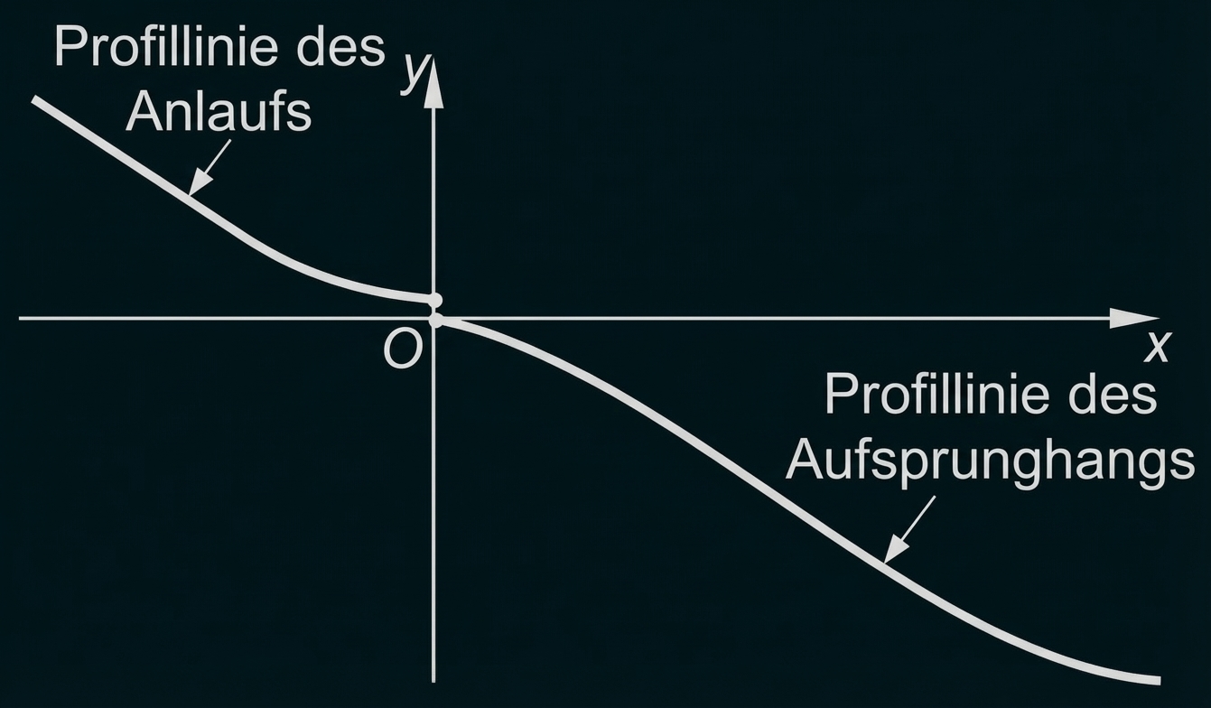Diagramm mit x- und y-Achse und zwei gekrümmten Profillinien: Anlauf links oben, Aufsprunghang rechts unten