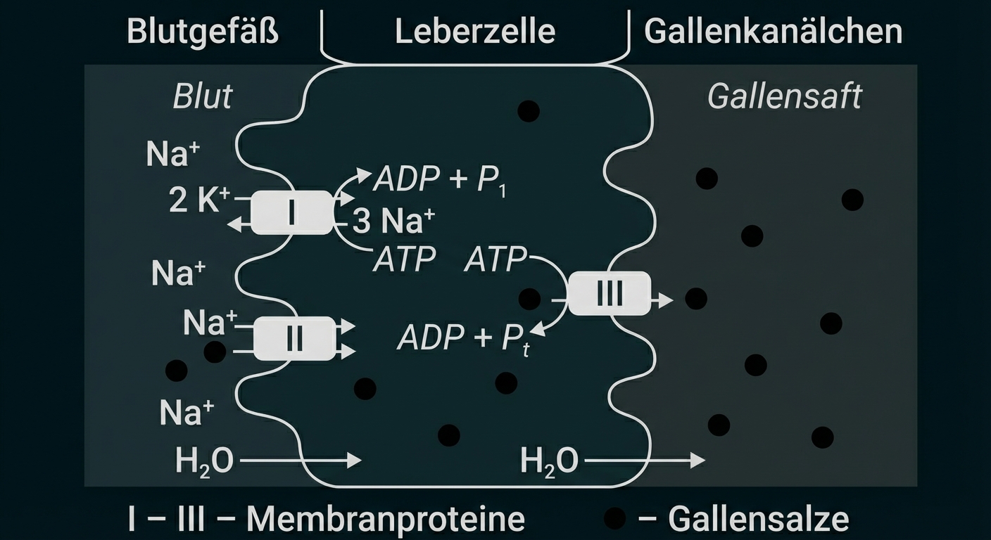Schematische Leberzelle: Na+-Transport, Wasserfluss und Gallensalz-Ausschleusung ins Gallenkanälchen