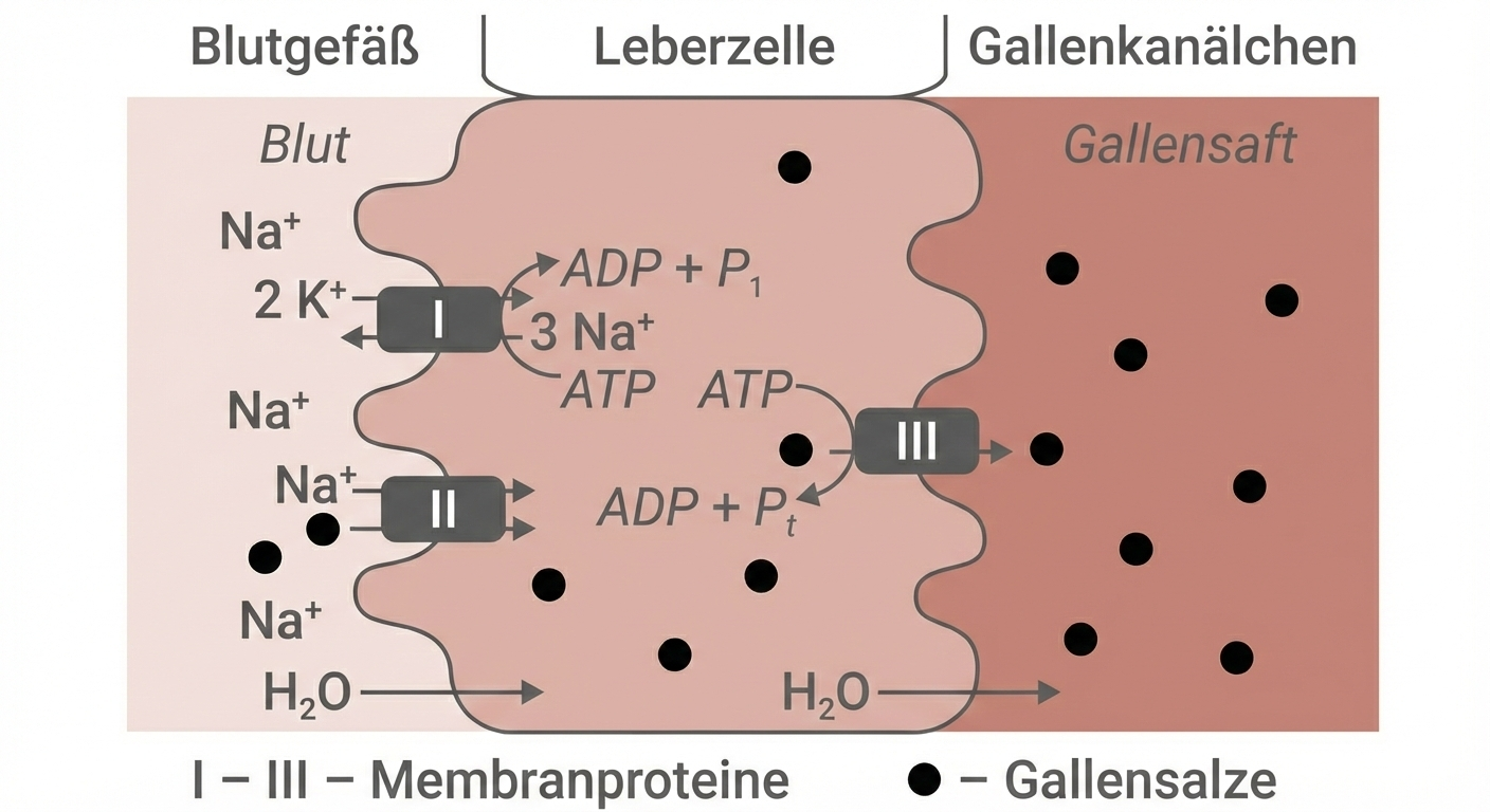 Schematische Leberzelle: Na+-Transport, Wasserfluss und Gallensalz-Ausschleusung ins Gallenkanälchen