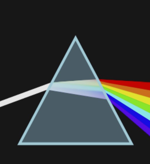 Dreieckiges Prisma, weißes Licht strahlt ein und wird in ein buntes Regenbogenspektrum zerlegt.