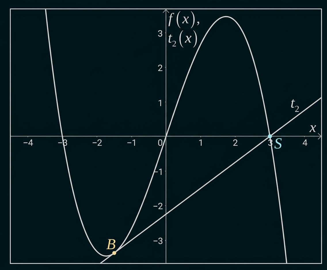 Koordinatensystem mit einer kubischen Funktion und der Tangente t₂ durch die Punkte B und S.