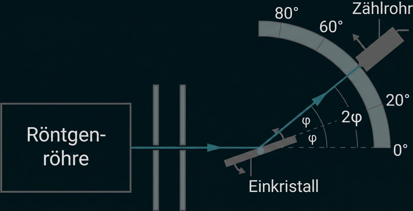 Schematische Darstellung einer Röntgenmessung: Strahl, Einkristall und Zählrohr auf Winkelbogen.