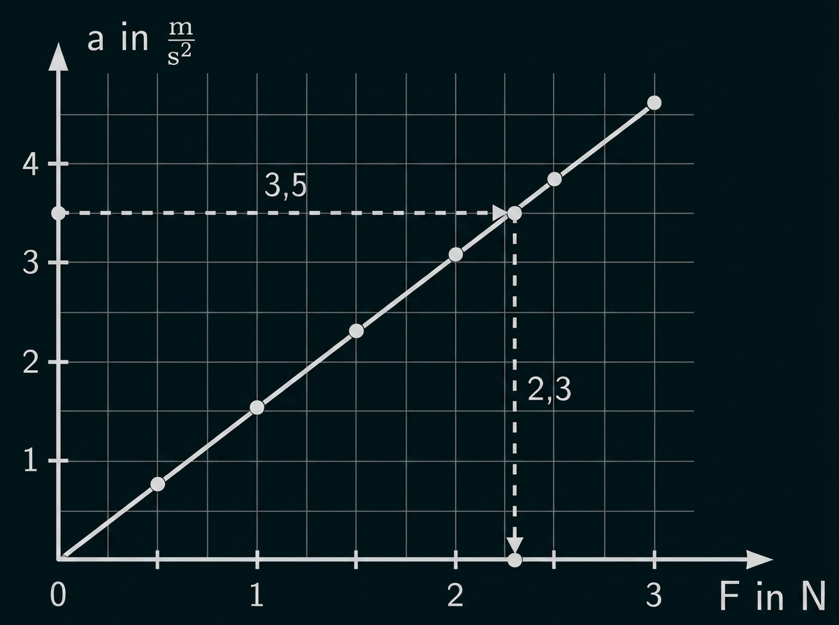 Diagramm von Kraft und Beschleunigung mit eingezeichneten Messpunkten und Koordinatensystem.