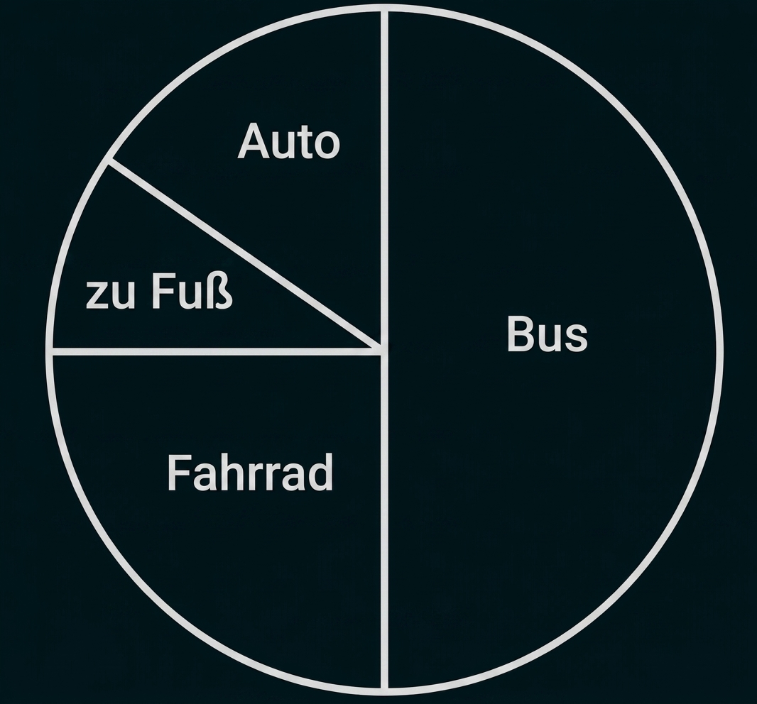 Kreisdiagramm mit den Kategorien Auto, zu Fuß, Fahrrad und Bus