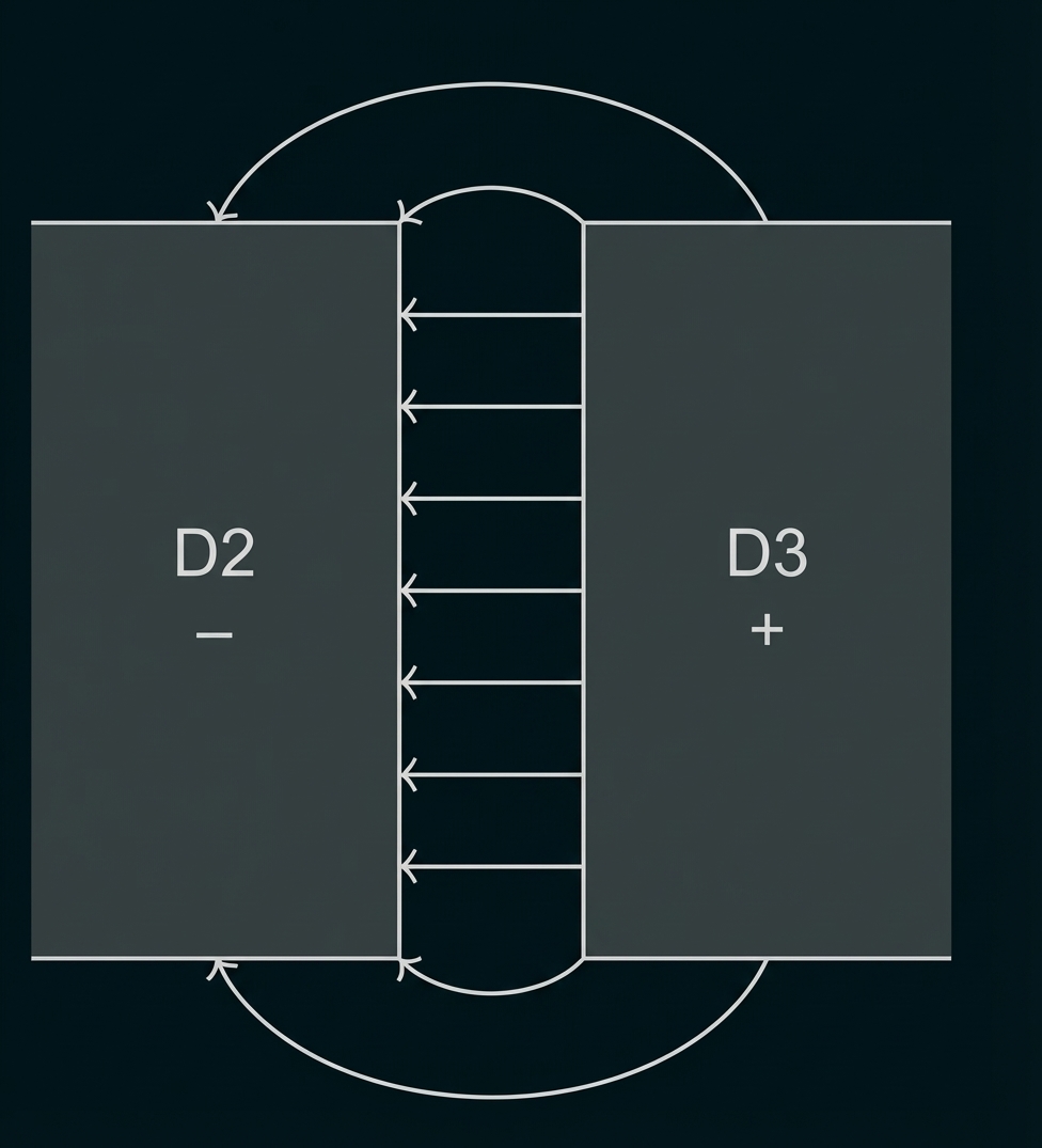 Schematisches Diagramm: zwei Bereiche D2 (–) und D3 (+) verbunden durch einen mittigen Kanal mit Pfeilen