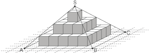 3D-Darstellung einer Pyramide aus grauen Quadern mit einer Basis und mehreren Ebenen.