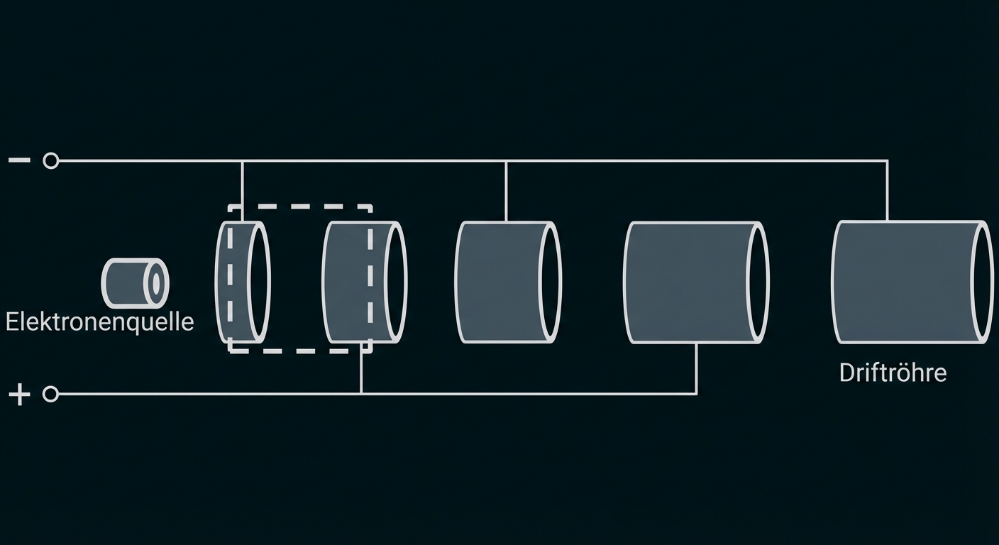 Schematische Darstellung einer Elektronenquelle links und einer Reihe zylindrischer Driftröhren rechts.