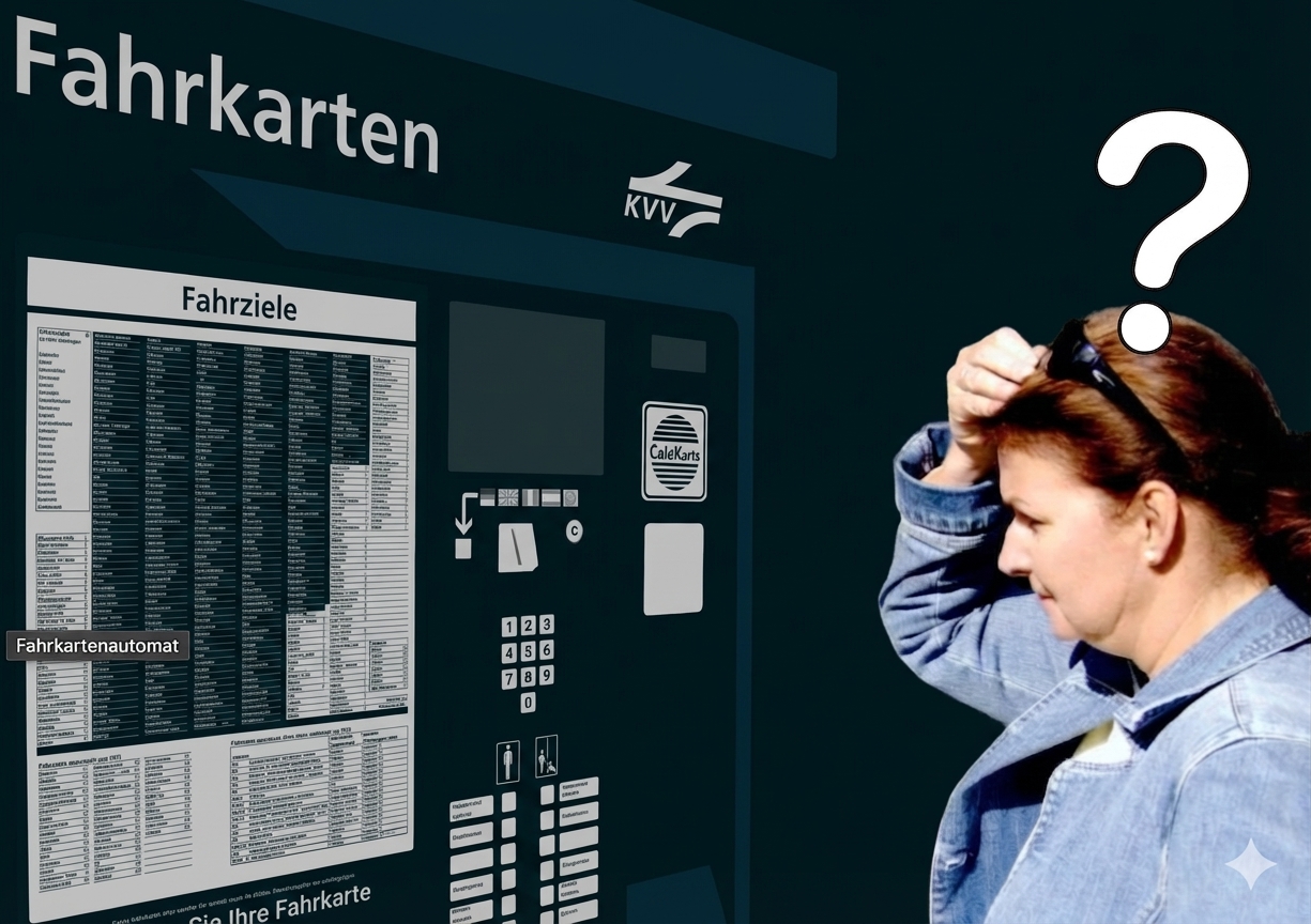Frau am Fahrkartenautomat; Fragezeichen über dem Kopf