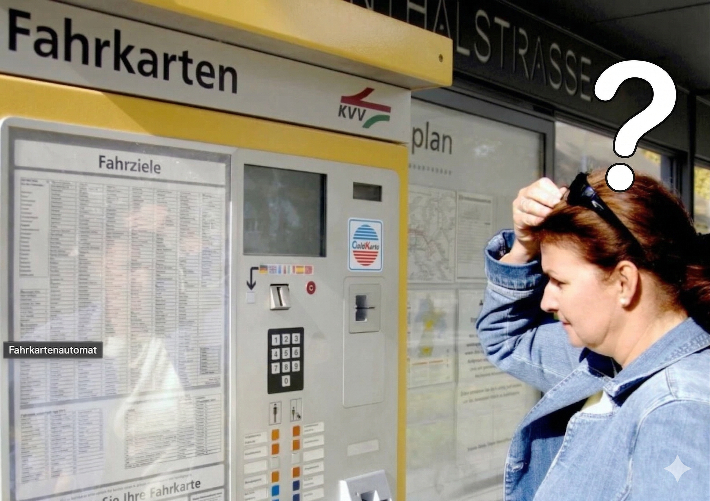 Frau am Fahrkartenautomat; Fragezeichen über dem Kopf