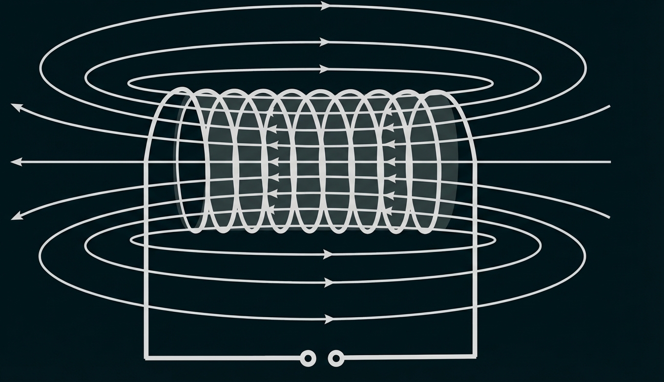 Spule mit eingezeichneten Magnetfeldlinien und Richtungspfeilen