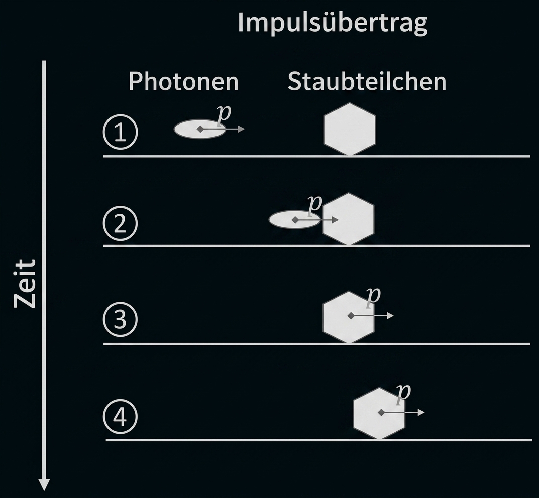 Diagramm: Impulsübertrag von Photonen auf ein Staubteilchen in vier zeitlich geordneten Schritten.