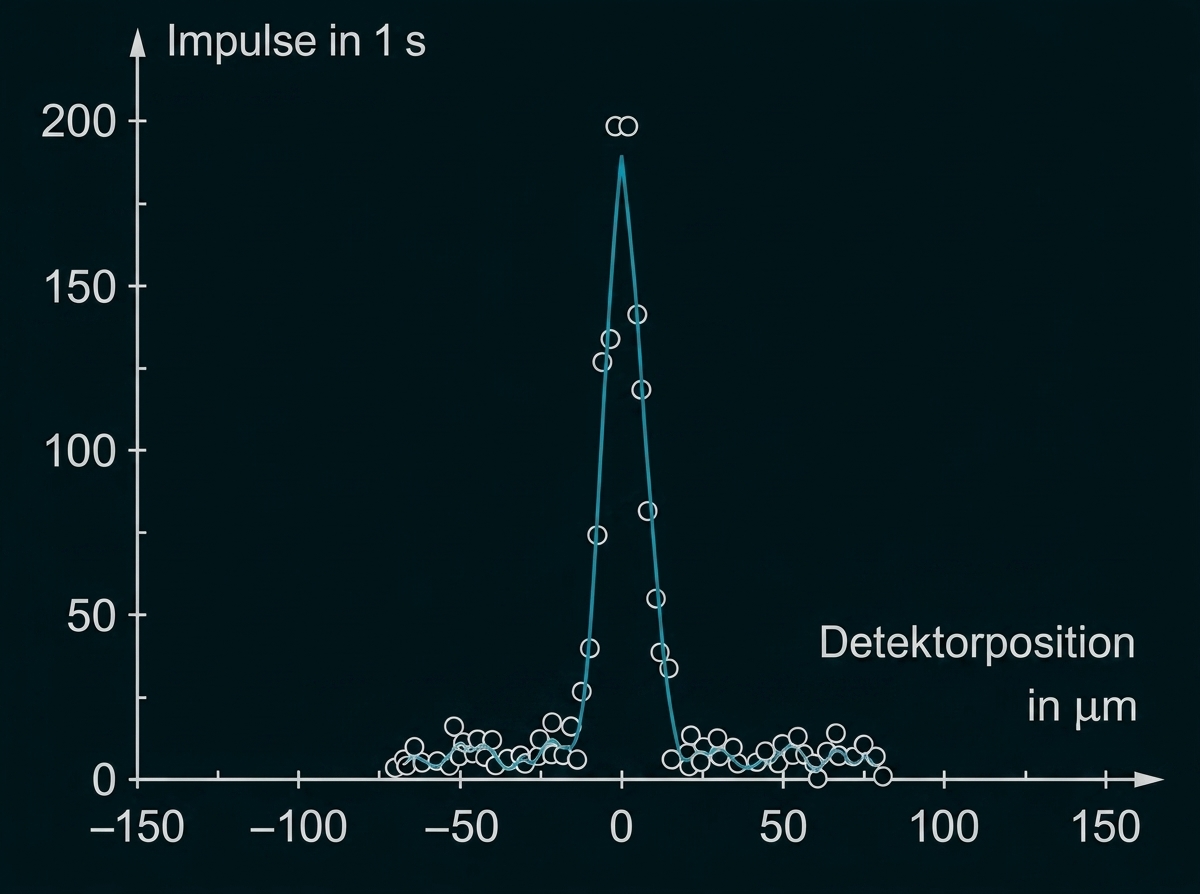 Punktdiagramm: Impulse in 1 s vs. Detektorposition in µm, deutliche schmale Spitze bei 0 µm.