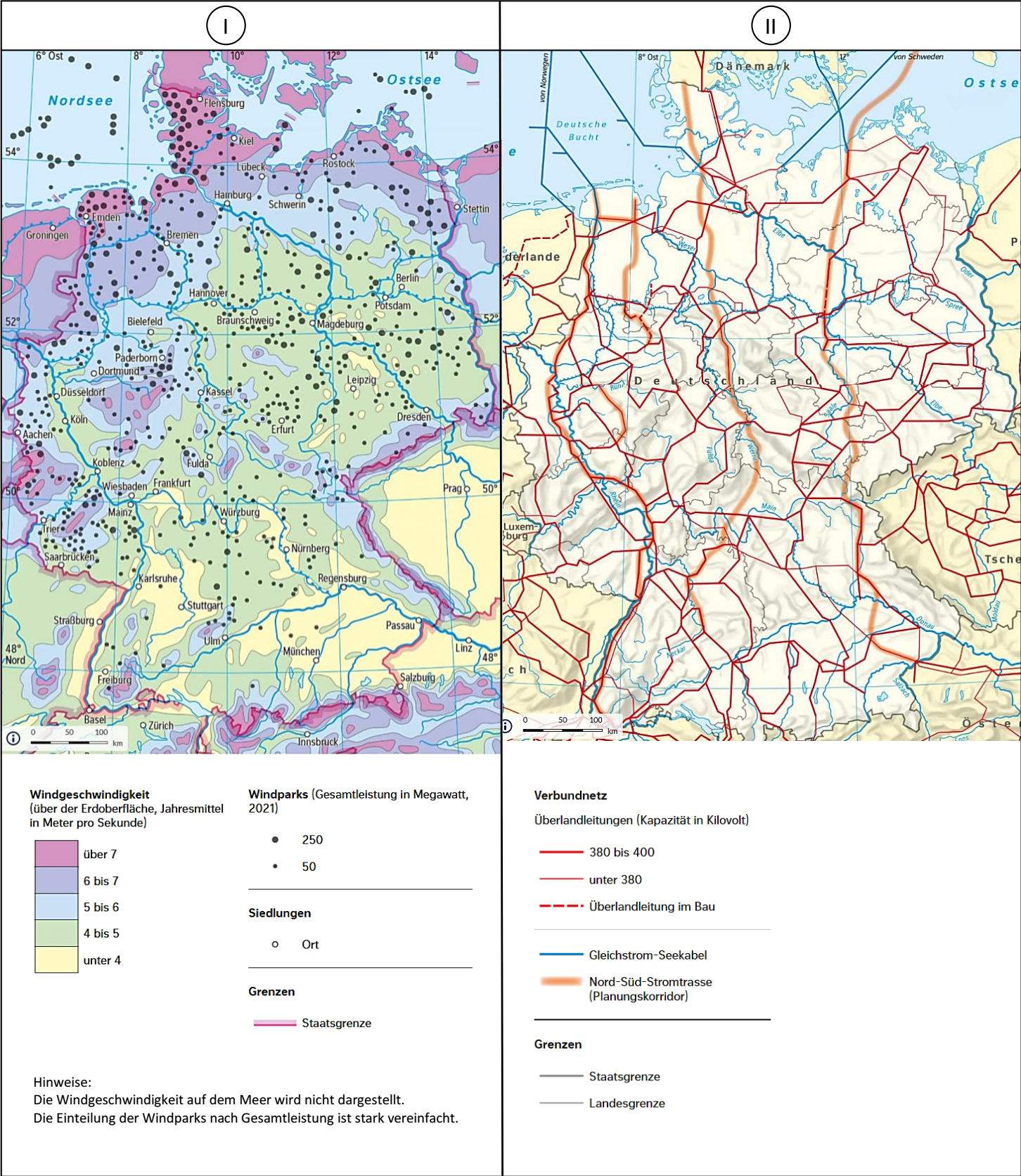 Zweiteilige Deutschlandkarte: links Windgeschwindigkeiten und Windparks, rechts Übertragungsnetz mit Hochspannungsleitungen und Korridoren.