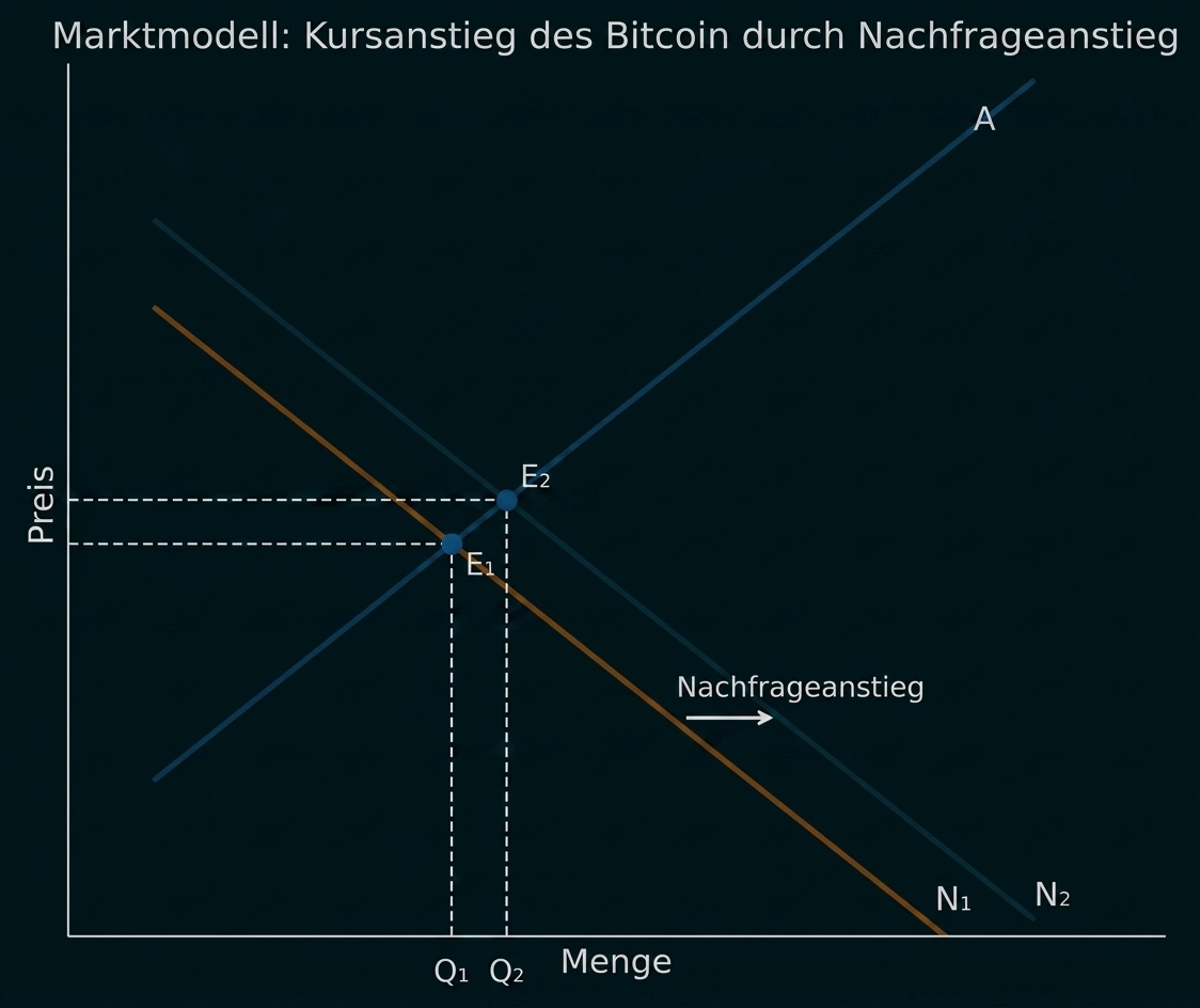 Marktmodell mit Preis- und Mengenachsen, Kurven und markiertem Nachfrageanstieg.