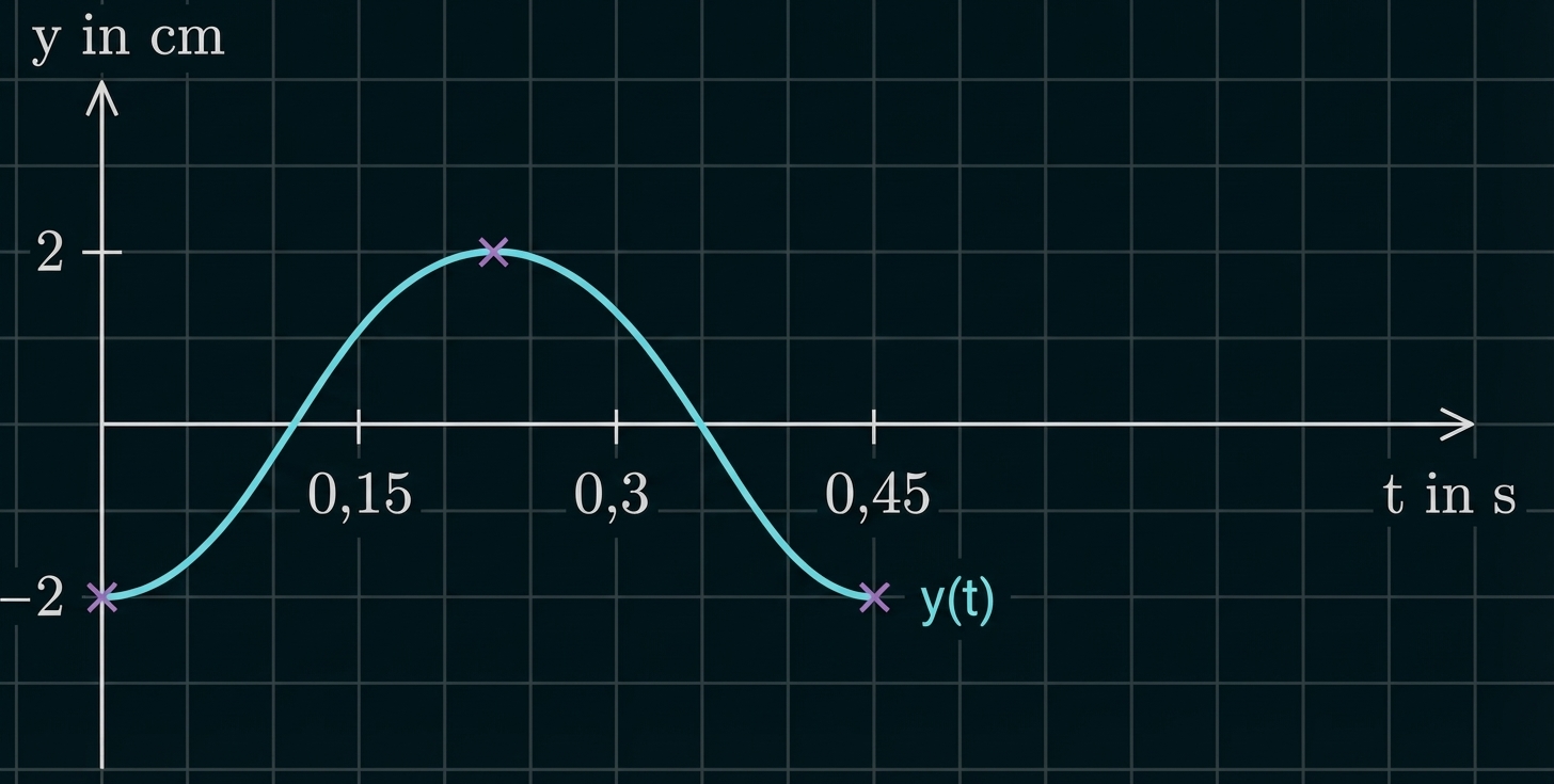Violette Wellenkurve y(t) im Koordinatensystem (y in cm, t in s) mit Markierungen bei 0,15/0,3/0,45 s und Amplitude ±2 cm
