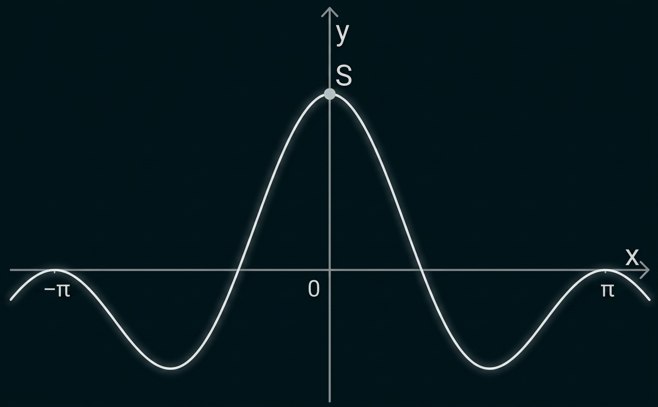 Graph einer symmetrischen Wellenkurve mit Hochpunkt S auf der y-Achse und markierten Stellen bei −π und π.
