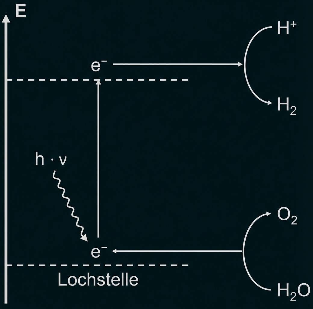 Schematische Darstellung: Photon regt Elektron an; Elektron reduziert H+ zu H2, Lochstelle oxidiert Wasser zu O2.