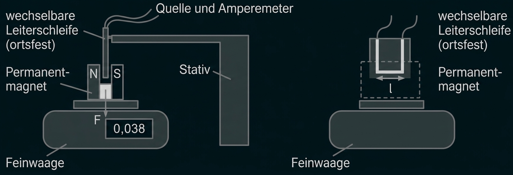 Schema mit Permanentmagnet, Leiter und Feinwaage zur Kraftmessung