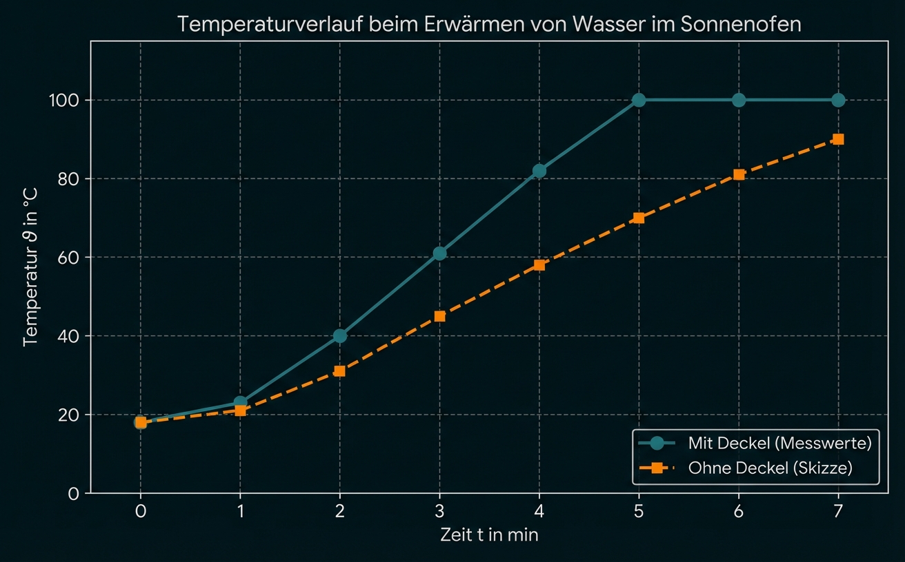 Liniendiagramm: Temperaturverlauf von Wasser im Sonnenofen über Zeit, zwei Kurven (mit/ohne Deckel).