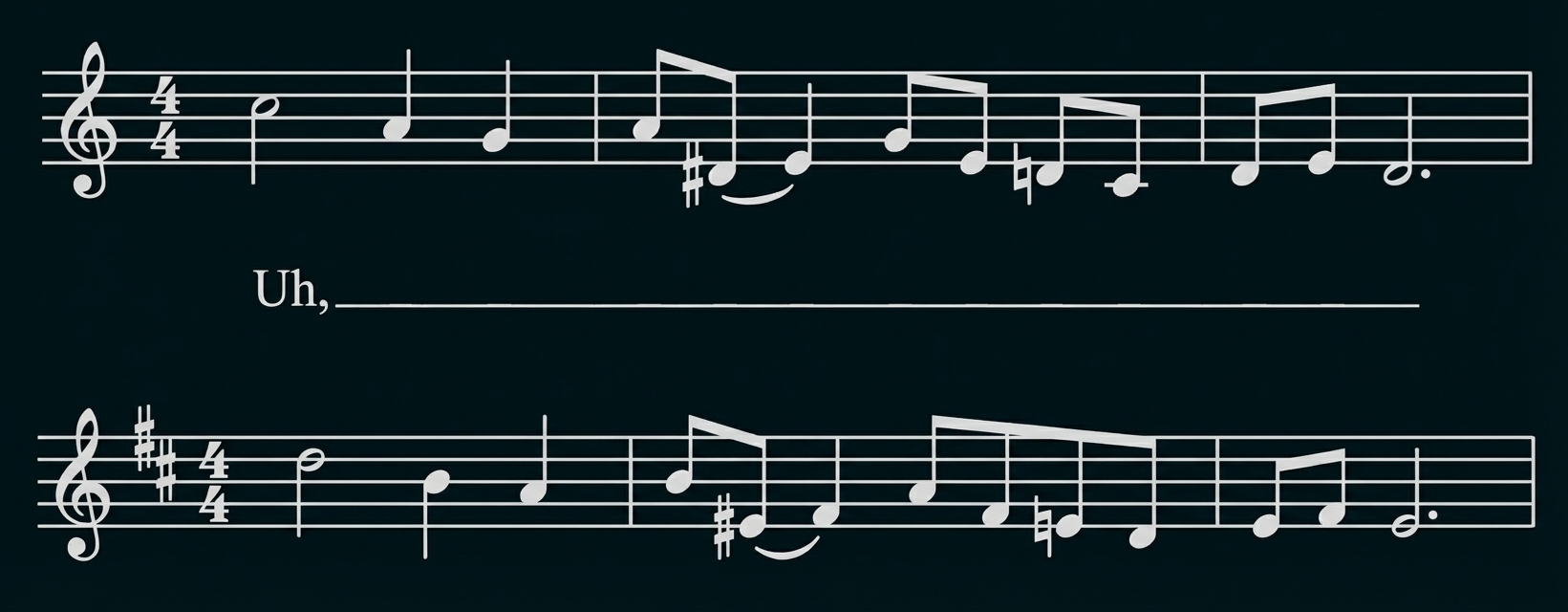 Notenblatt mit Violinschlüssel, 4/4-Takt, kurze Melodie und Textanfang "Uh," über einer leeren Linie
