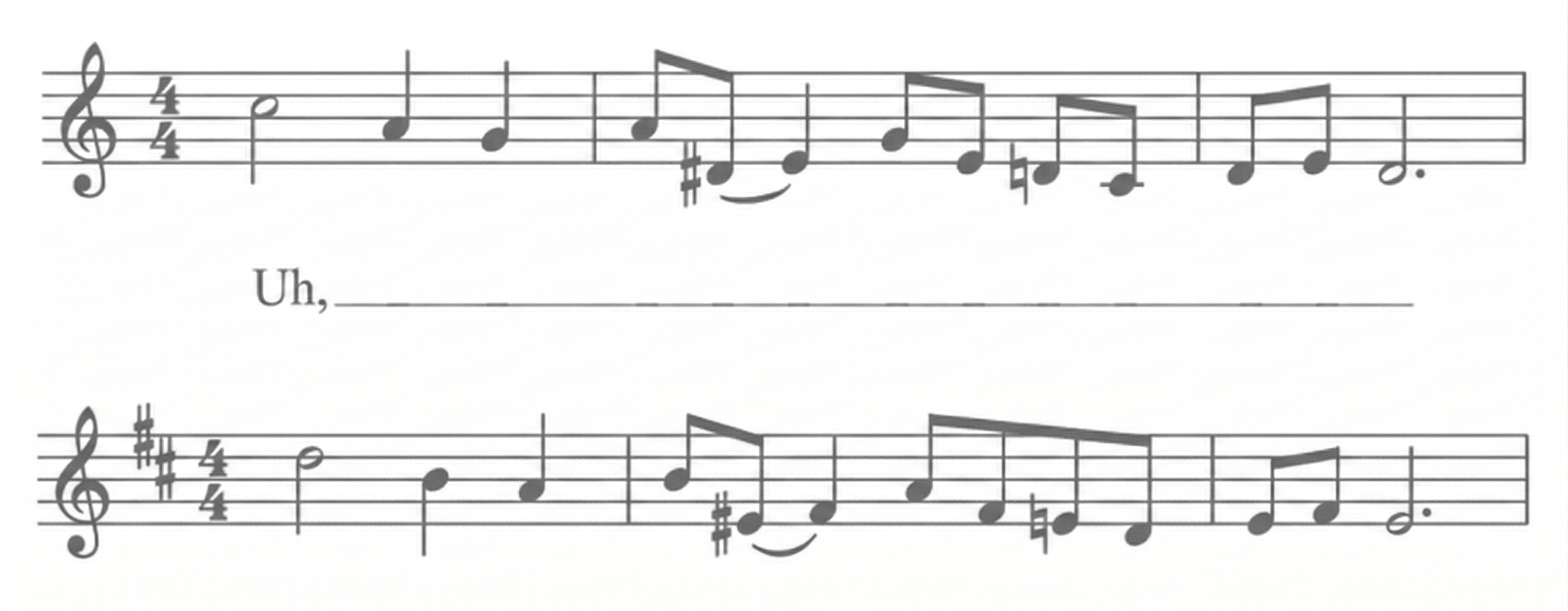 Notenblatt mit Violinschlüssel, 4/4-Takt, kurze Melodie und Textanfang "Uh," über einer leeren Linie