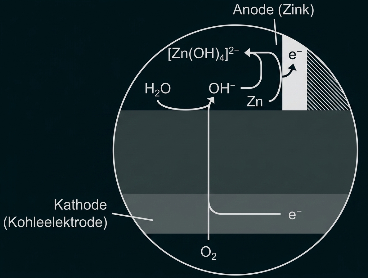 Schematische Darstellung einer Zink-Kohle-Batterie mit Anode, Kathode und Elektronenfluss