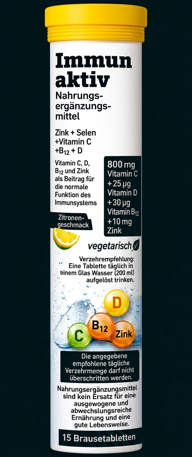 Röhrchen mit Brausetabletten "Immun aktiv", gelber Deckel, enthält Vitamin C, D, B12 und Zink, Zitronengeschmack