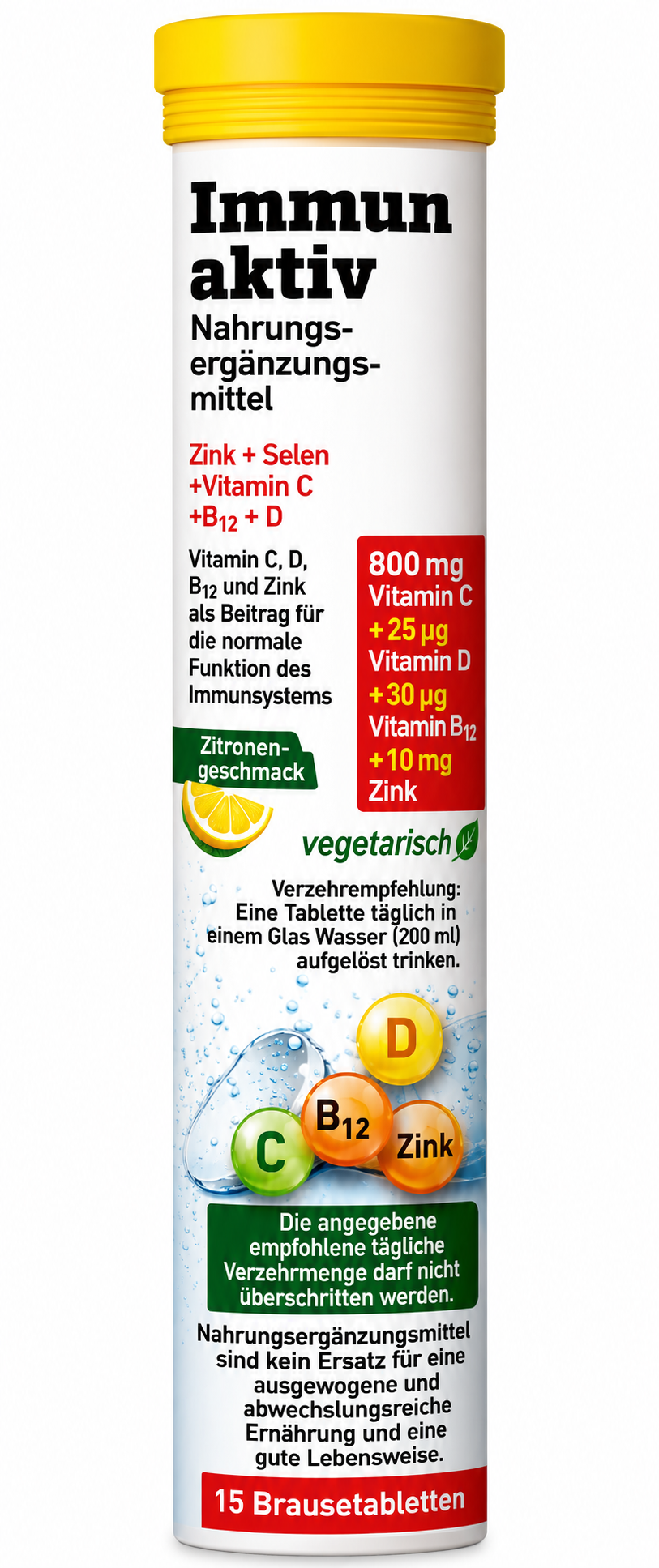 Röhrchen mit Brausetabletten "Immun aktiv", gelber Deckel, enthält Vitamin C, D, B12 und Zink, Zitronengeschmack