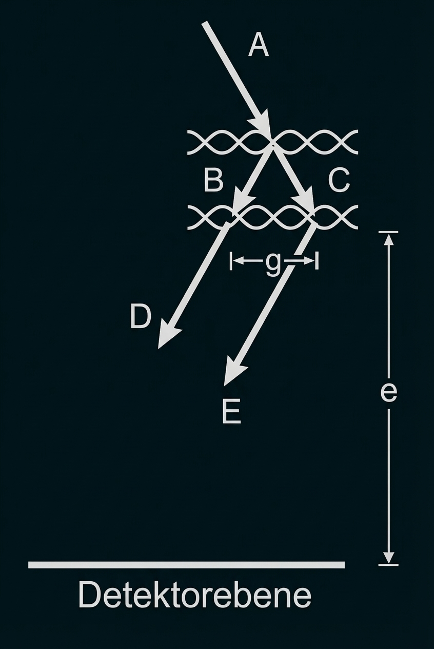 Schematische Darstellung: einfallender Strahl, Beugung an zwei Gitterlinien, zwei abgelenkte Strahlen treffen Detektorebene