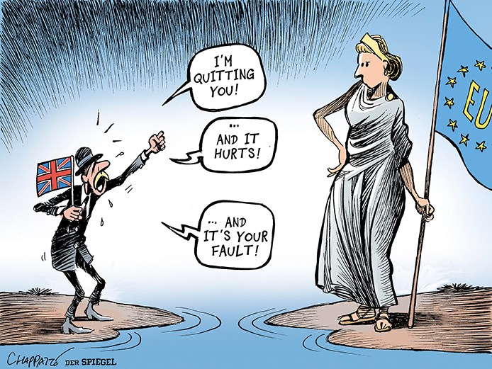 Karikatur eines Mannes mit britischer Flagge, der eine Frau mit EU-Flagge anschreit. Themen: Trennung und Schuldzuweisung.